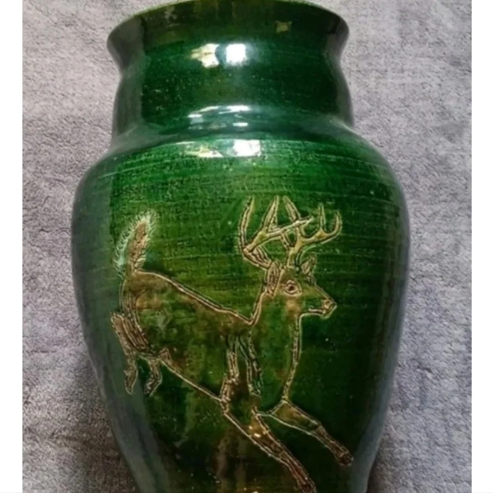 Handcrafted Green Stoneware Vase with Deer Design, Rustic Cottage Cabin Pottery